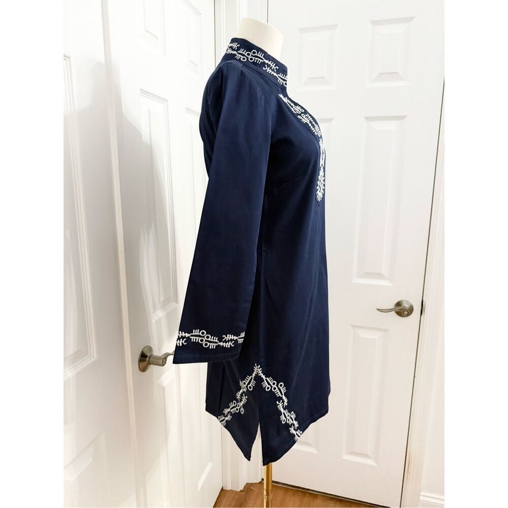 STS Sail to Sable Embroidered Navy Long Sleeve Band Collar Tunic Dress Size XS - Picture 2 of 5